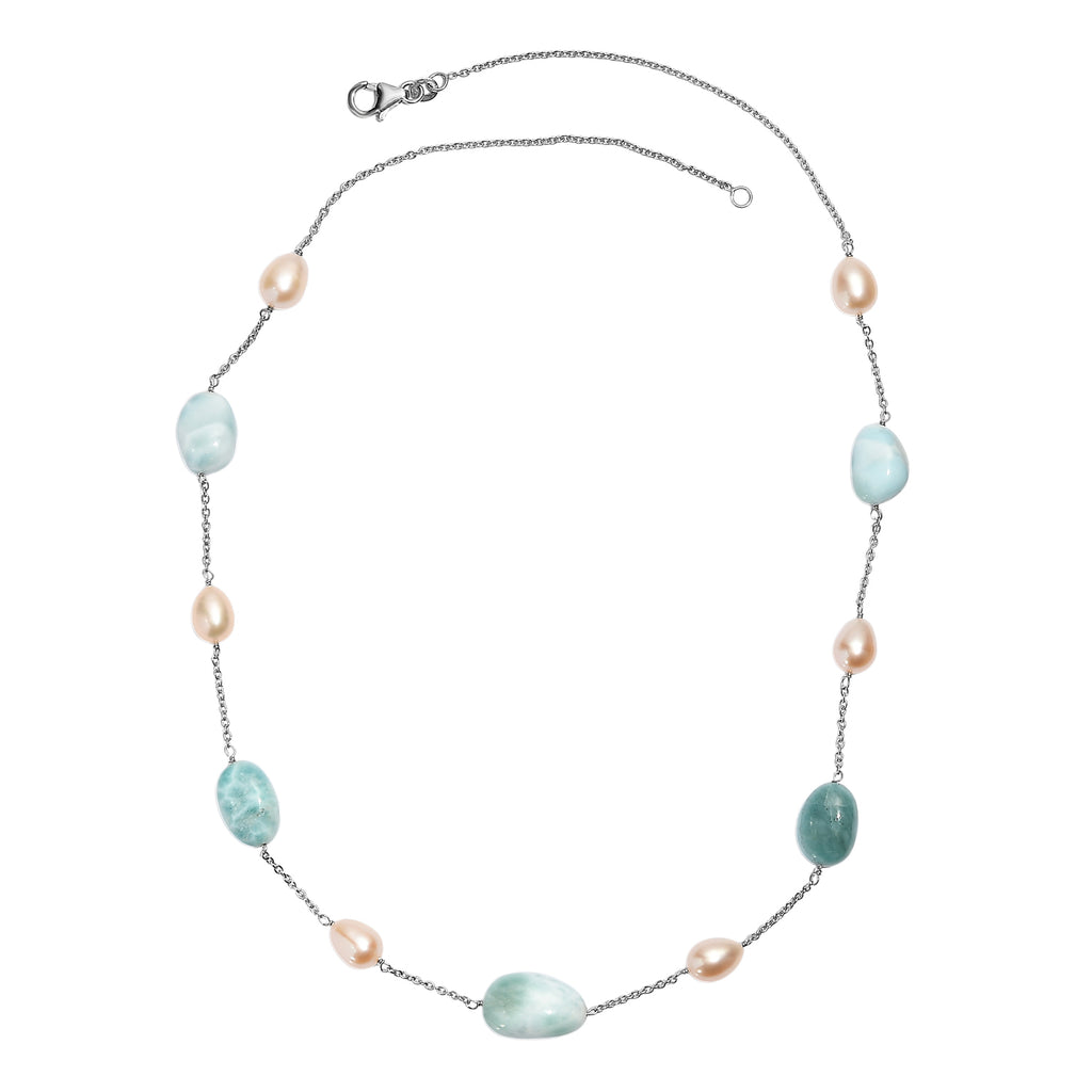 Larimar, Süßwasser Perle Halskette ca. 50 cm 925 Silber rhodiniert