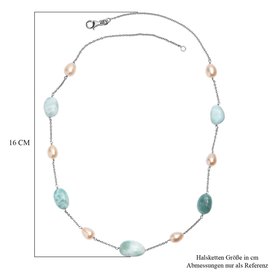 Larimar, Süßwasser Perle Halskette ca. 50 cm 925 Silber rhodiniert