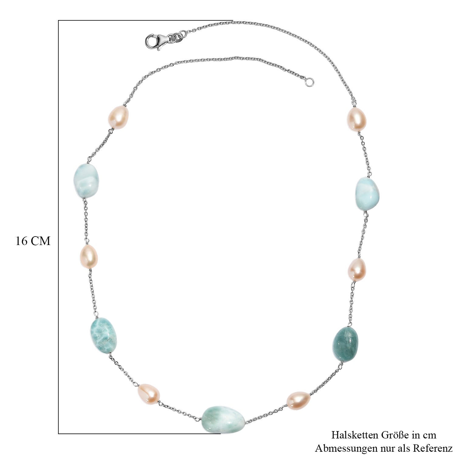Larimar und Süßwasserperle Halskette, 50cm, 925 Silber rhodiniert