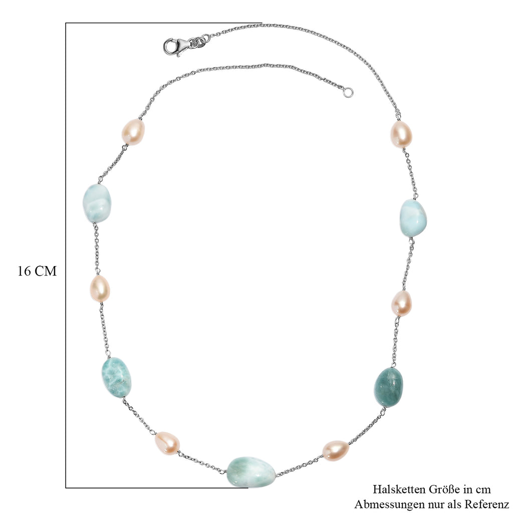Larimar, Süßwasser Perle Halskette ca. 50 cm 925 Silber rhodiniert