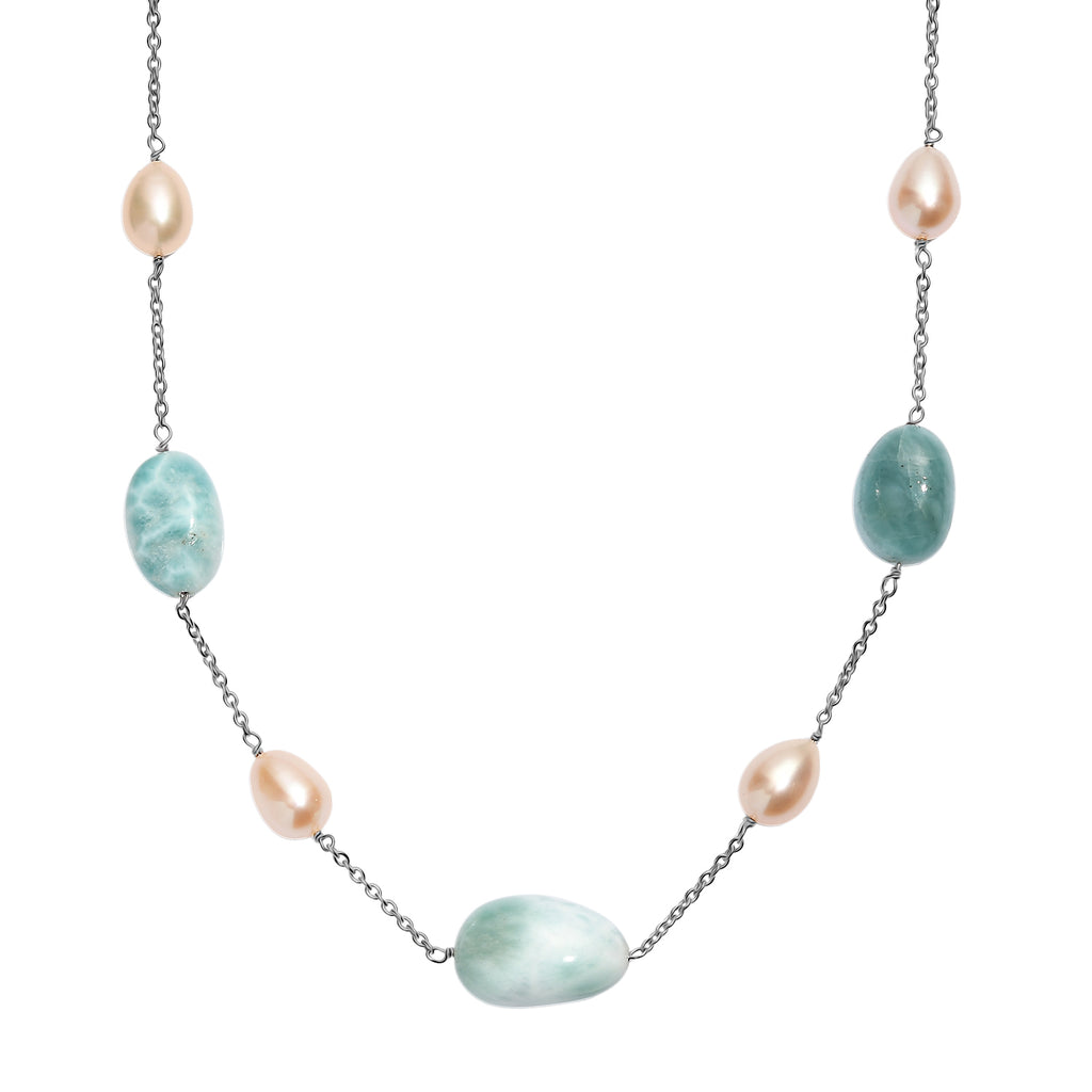 Larimar, Süßwasser Perle Halskette ca. 50 cm 925 Silber rhodiniert