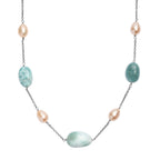 Larimar, Süßwasser Perle Halskette ca. 50 cm 925 Silber rhodiniert