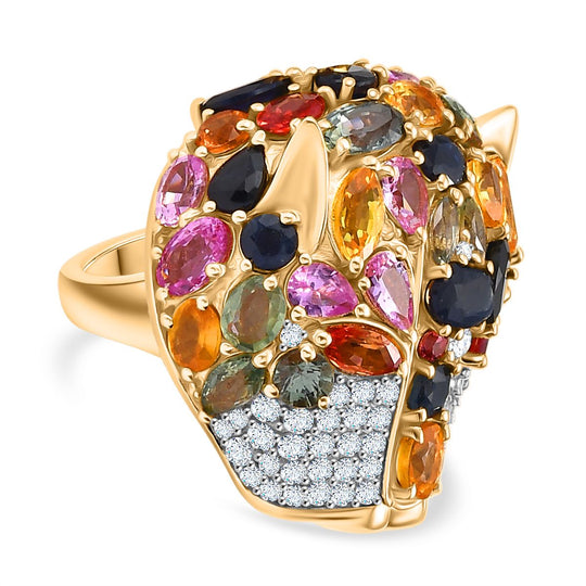 D'Joy Mehrfarbiger Saphir, Moissanit Ring 925 Silber 750 Gelbgold Vermeil (Größe 21.00) ca. 9.92 ct