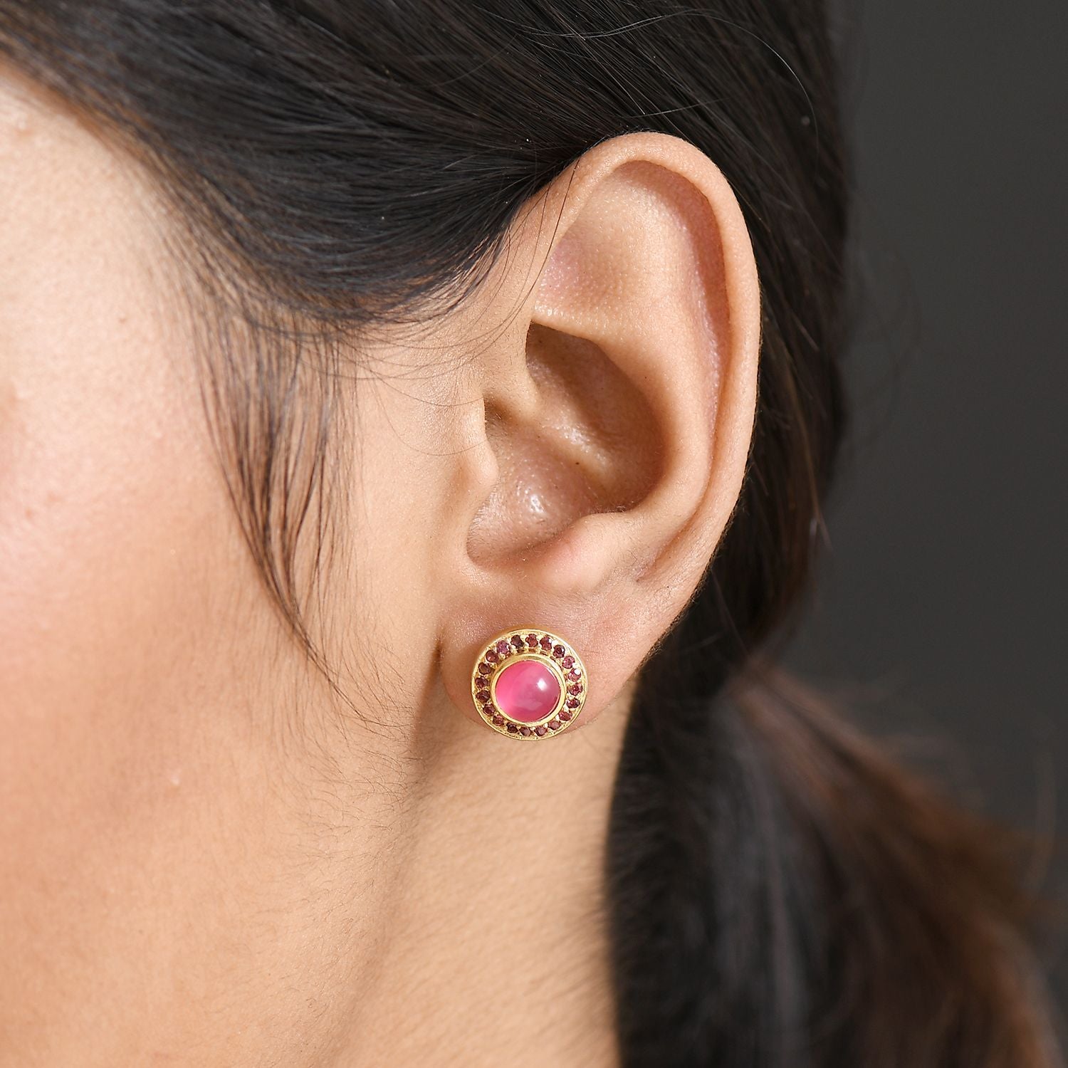 D'Joy Maulbeer Mondstein, Orissa Rose Granat Ohrringe 925 Silber 750 Gelb Vergoldet ca. 2.65 ct