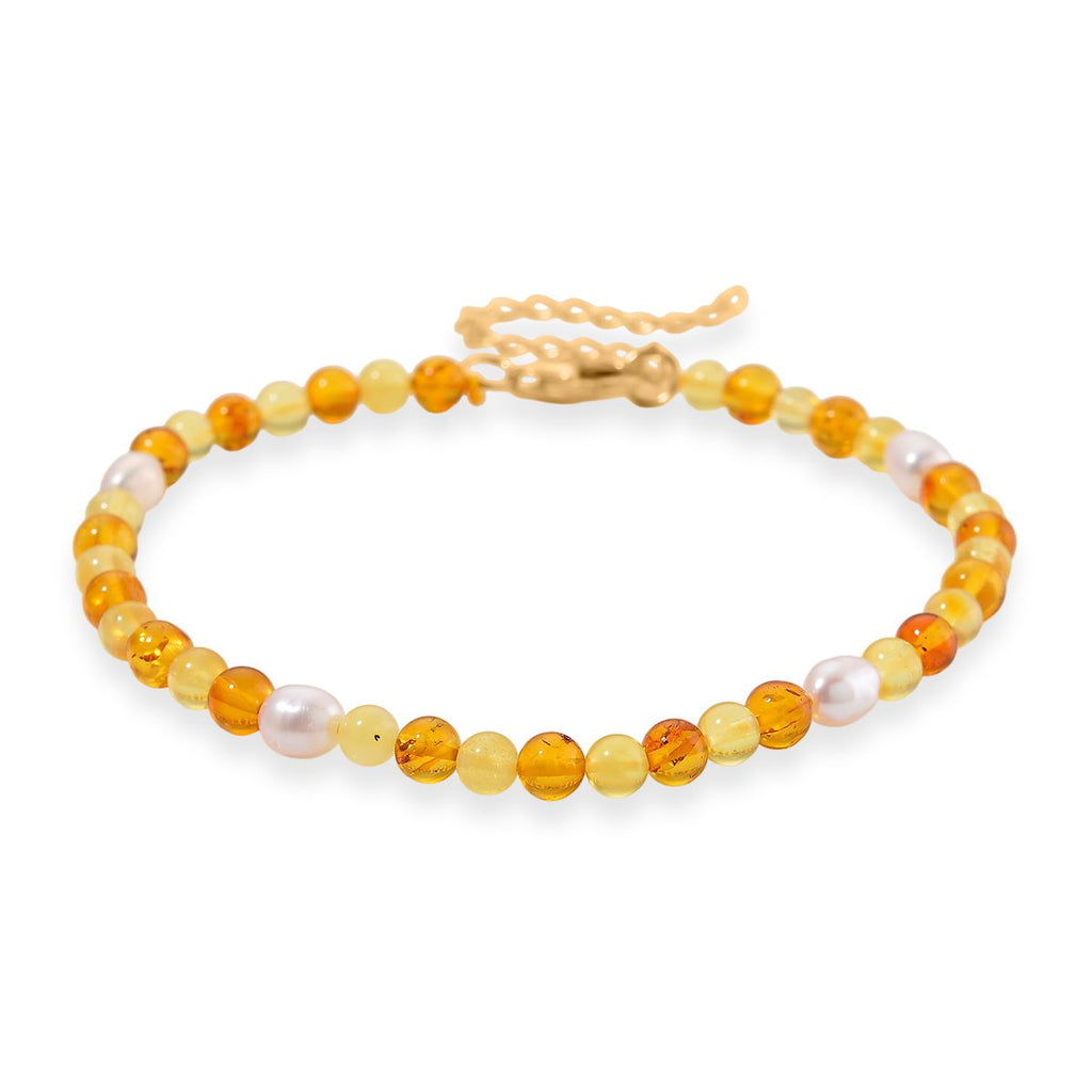 Weiße Süßwasser Perle (5-7 mm), Bernstein Armband, Flexibles ca. 19 cm + 5 cm Extender, 925 Silber vergoldet