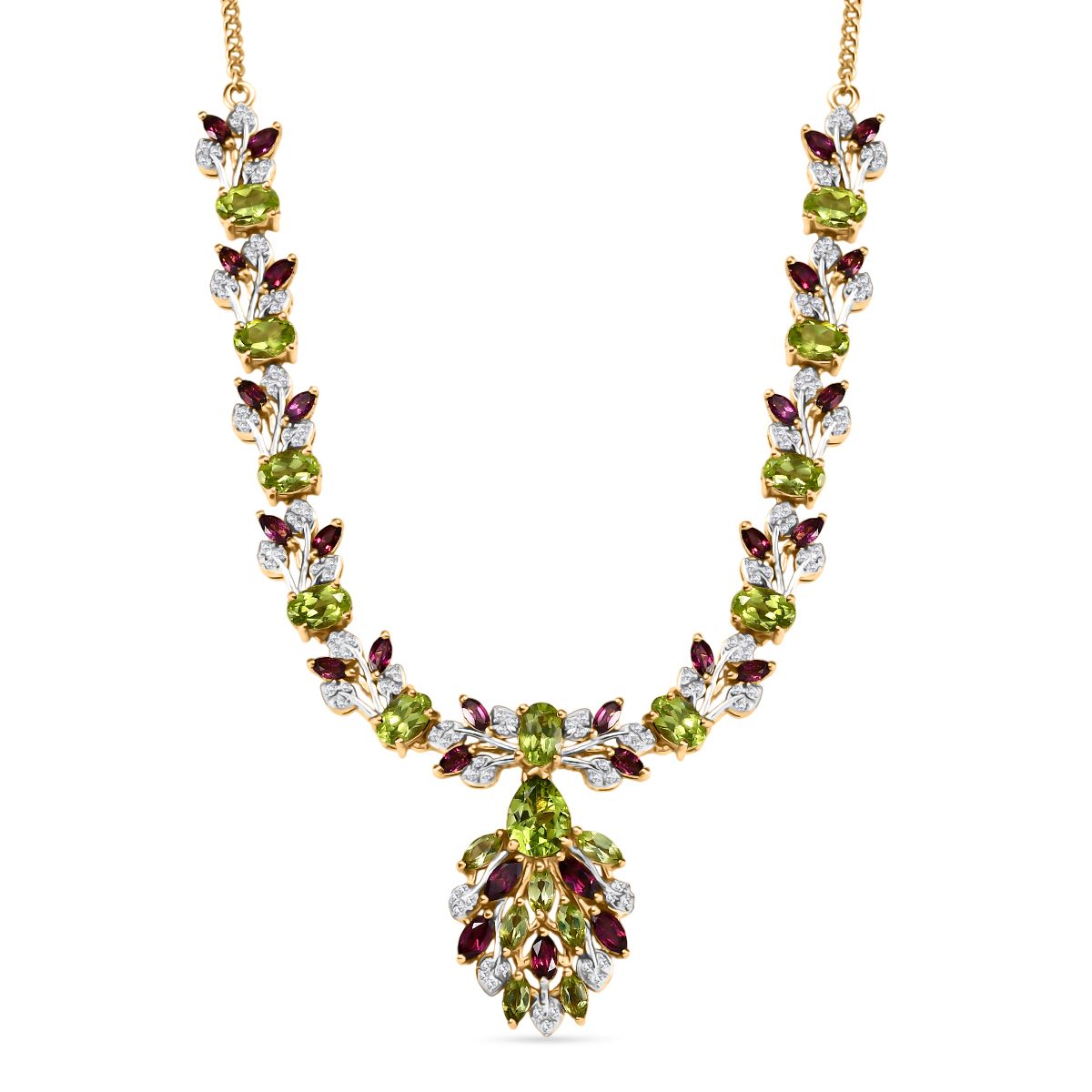 D'joy Natürlicher Peridot Halskette ca. 45 cm 925 Silber Rhodiniert und 750 Gelbgold Vermeil ca. 12.80 ct