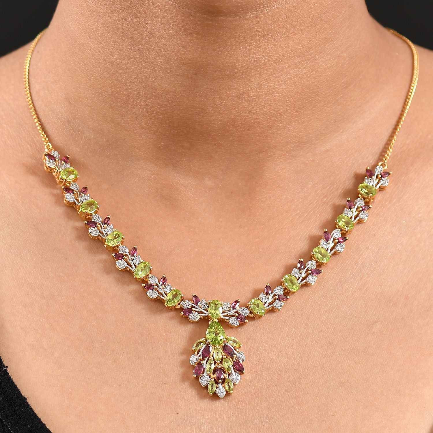 D'joy Natürlicher Peridot Halskette ca. 45 cm 925 Silber Rhodiniert und 750 Gelbgold Vermeil ca. 12.80 ct