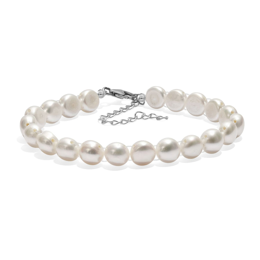 Weiße Süßwasser Perle Armband ca. 19 cm + 5cm Extender, 925 Silber rhodiniert