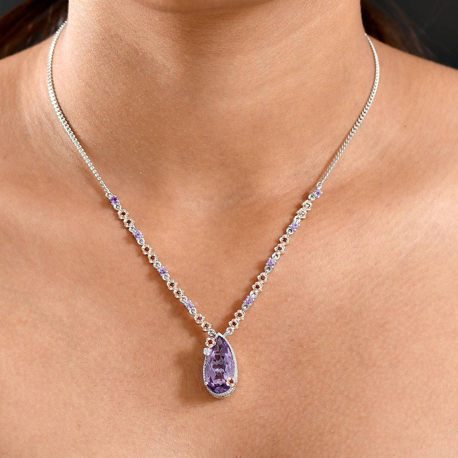 D'Joy AAA Rose De France Amethyst Halskette ca. 45 cm 925 Silber ca. 8,96 ct.
