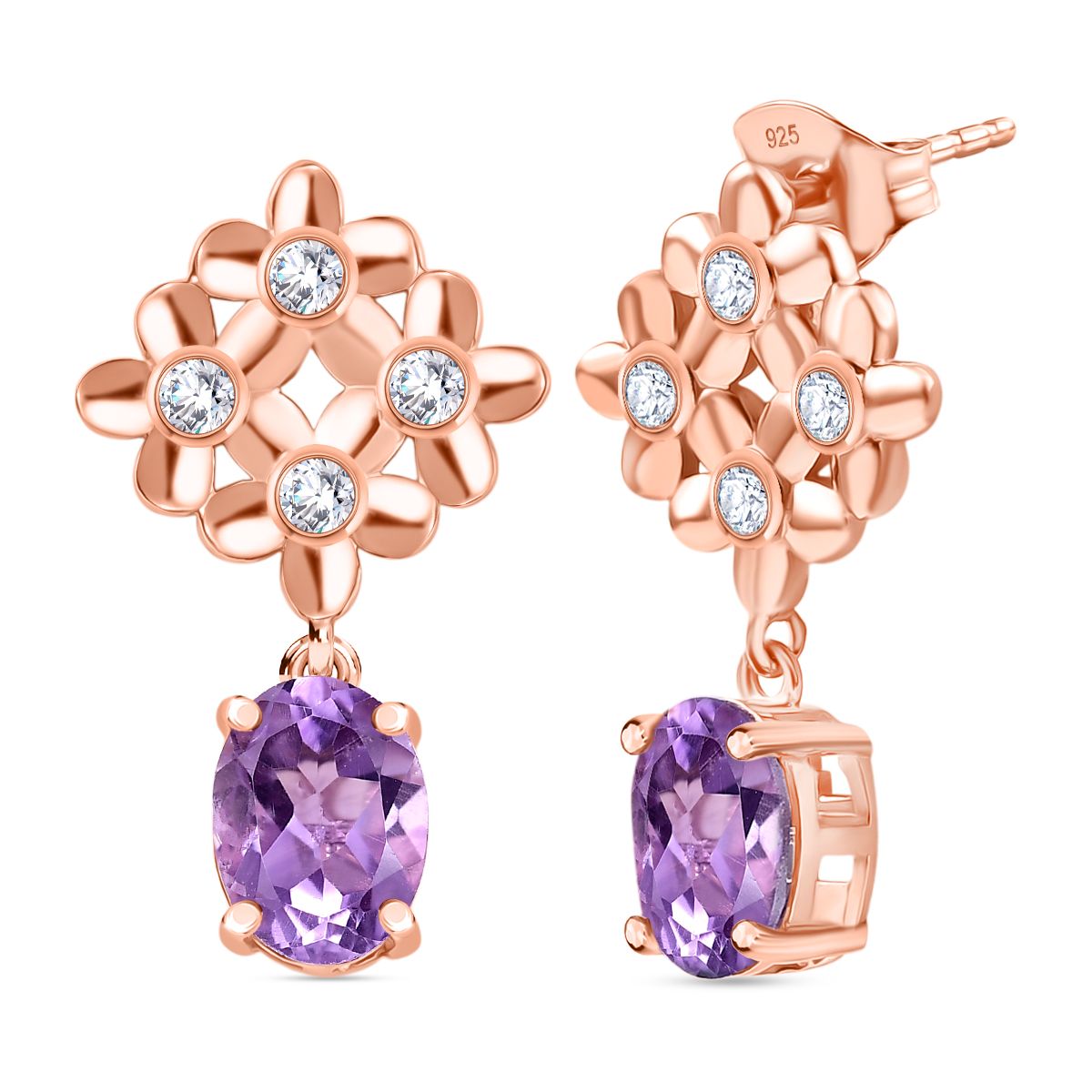 D'Joy AAA Rose De France Amethyst, Weißer Zirkon Ohrringe 925 Silber 750 rosévergoldet ca. 2.89 ct