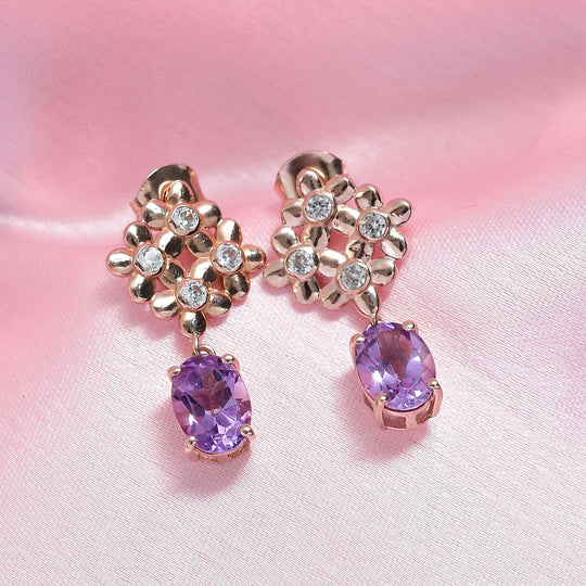 D'Joy AAA Rose De France Amethyst, Weißer Zirkon Ohrringe 925 Silber 750 rosévergoldet ca. 2.89 ct