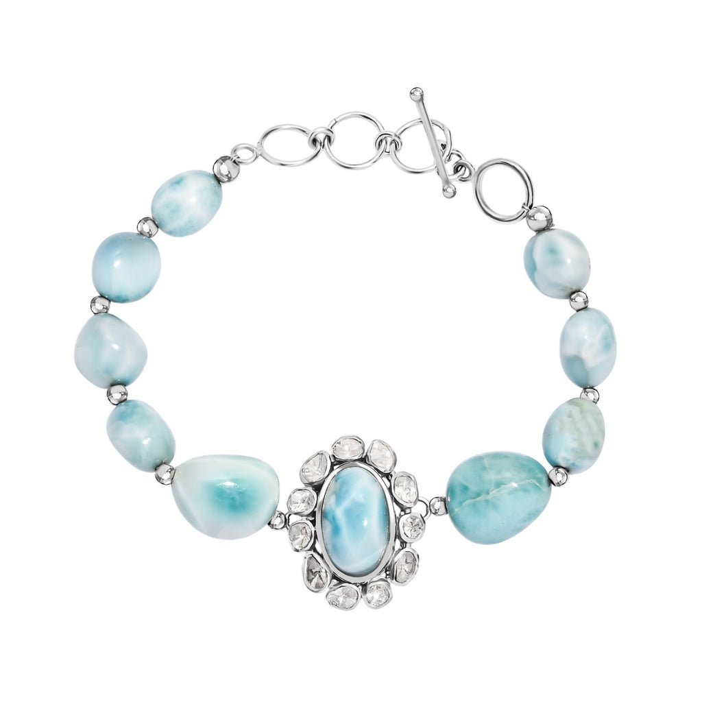 D'Joy AA Larimar und Labor Polki Diamant Armband, ca. 19 cm 925 Silber rhodiniert ca. 75.00 ct