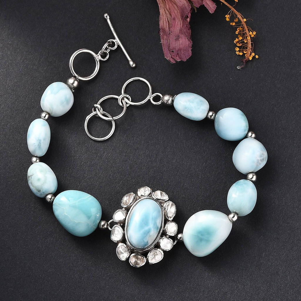 D'Joy AA Larimar und Labor Polki Diamant Armband, ca. 19 cm 925 Silber rhodiniert ca. 75.00 ct