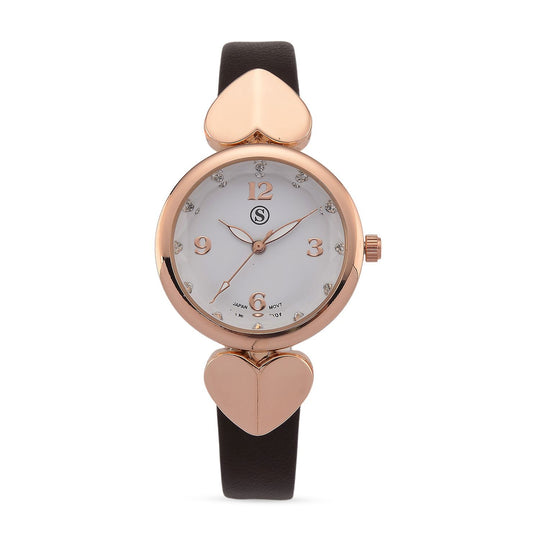 STRADA Uhr mit PC21S Japan-Uhrwerk, Edelstahl-Mesh-Armband, Roségold mit Kristallzifferblatt, Braun