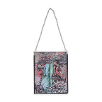 Handbemalter Glas Suncatcher mit Kette, silberfarbenem Rahmen, Alphonse Mucha Motiv Winter, 12x15 cm