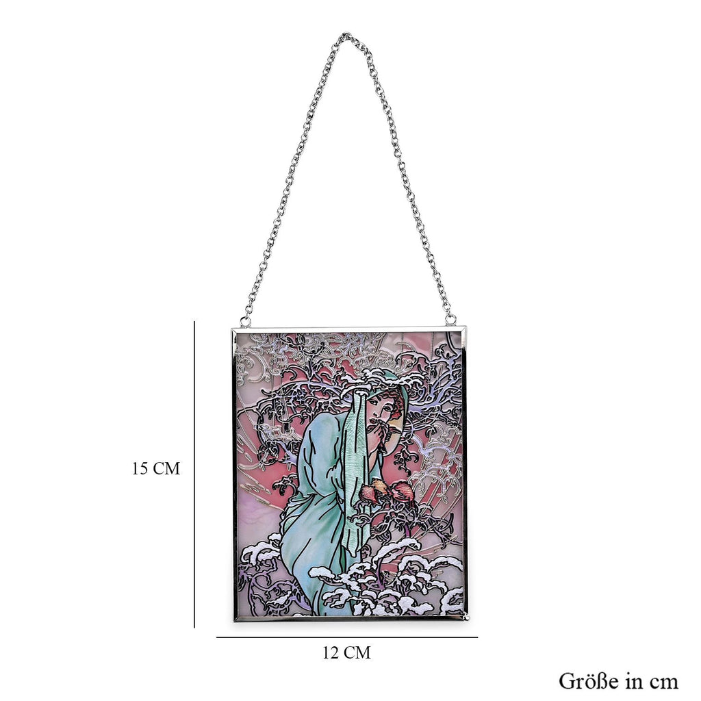 Handbemalter Glas Suncatcher mit Kette, silberfarbenem Rahmen, Alphonse Mucha Motiv Winter, 12x15 cm