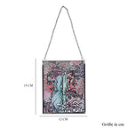 Handbemalter Glas Suncatcher mit Kette, silberfarbenem Rahmen, Alphonse Mucha Motiv Winter, 12x15 cm
