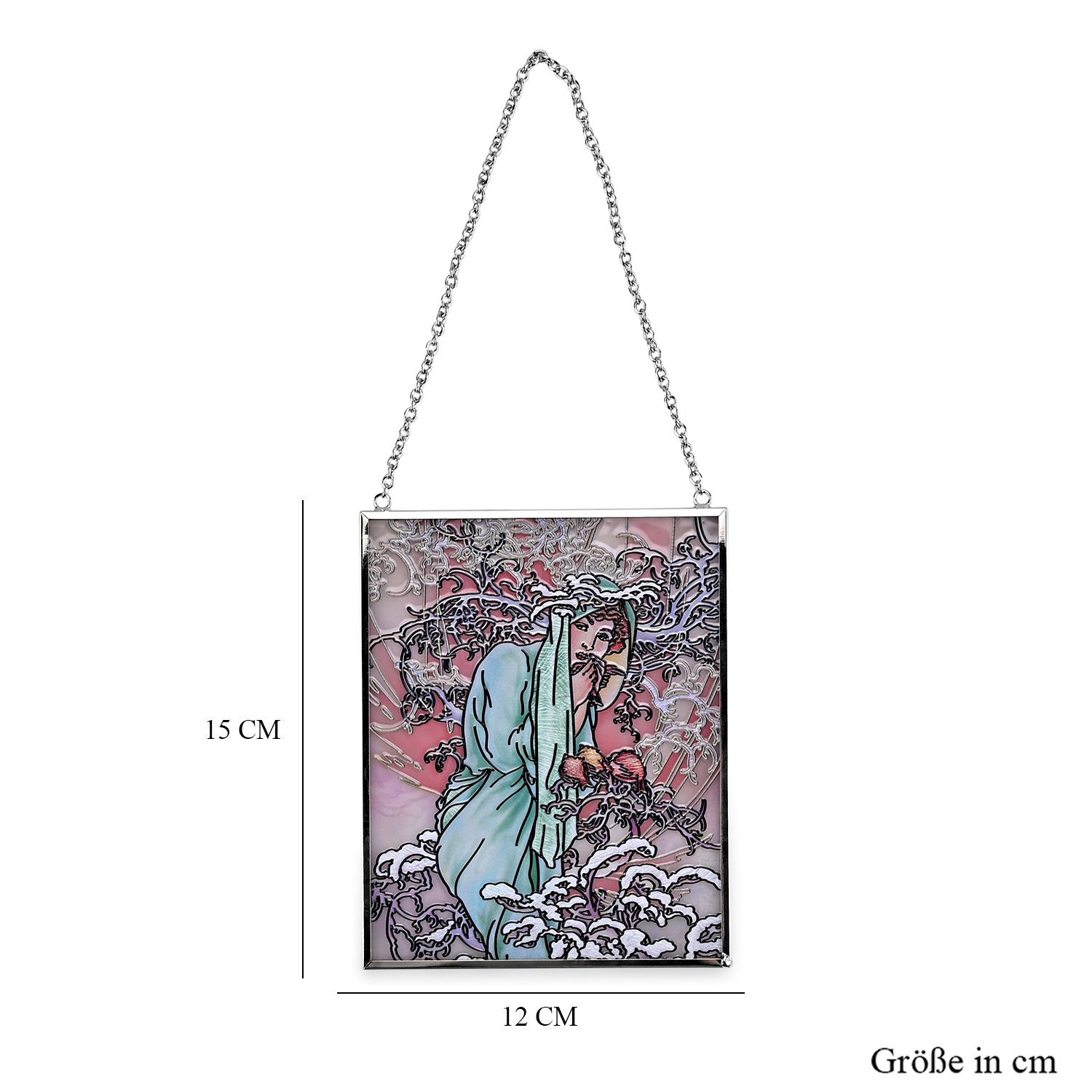 Handbemalter Glas Suncatcher mit Kette, silberfarbenem Rahmen, Alphonse Mucha Motiv Winter, 12x15 cm