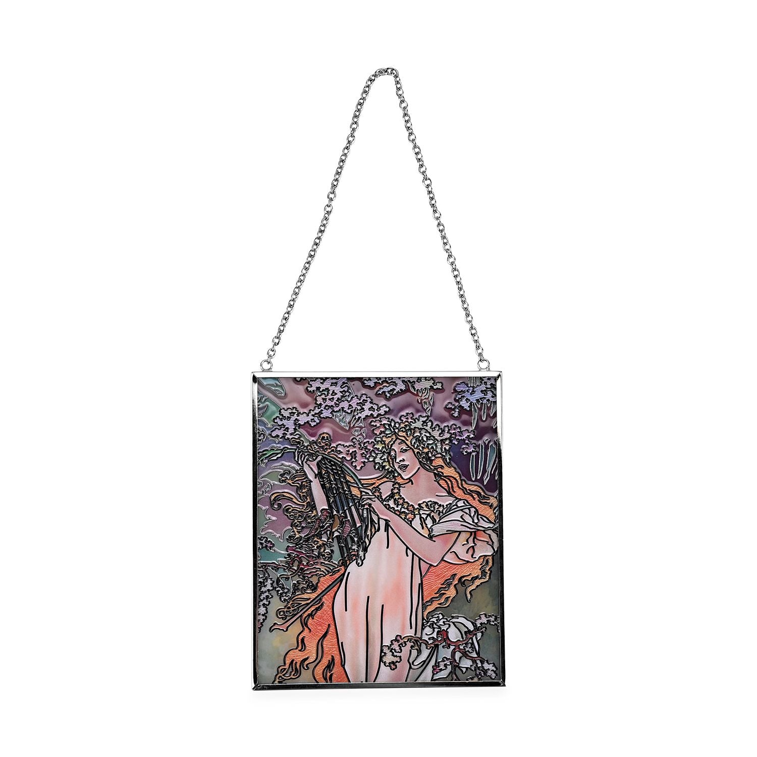 Handbemalter Glas Suncatcaher mit Kette, silberfarbenem Rahmen, Alphonse Mucha Motiv Frühling, 12x15 cm