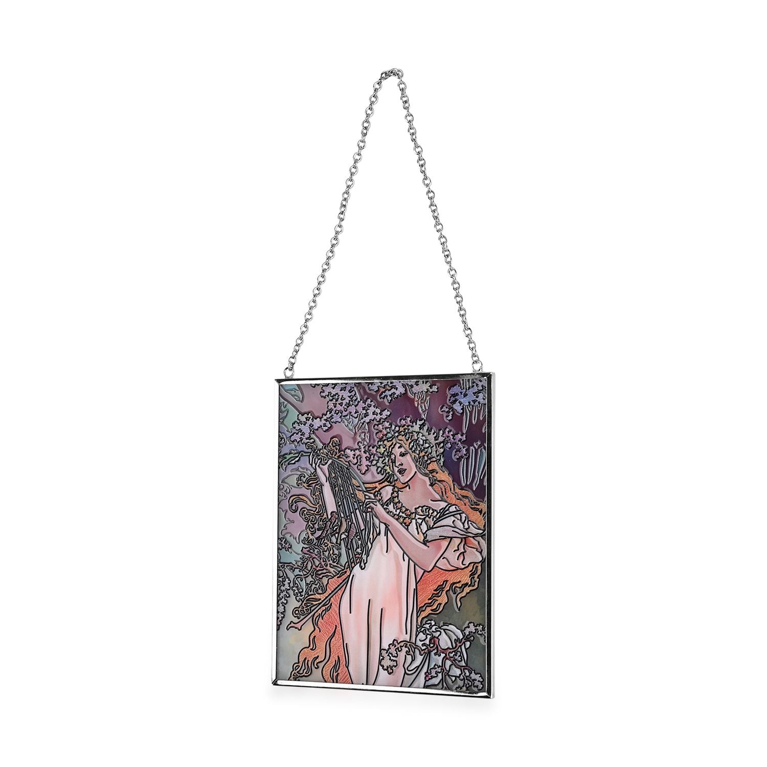 Handbemalter Glas Suncatcaher mit Kette, silberfarbenem Rahmen, Alphonse Mucha Motiv Frühling, 12x15 cm