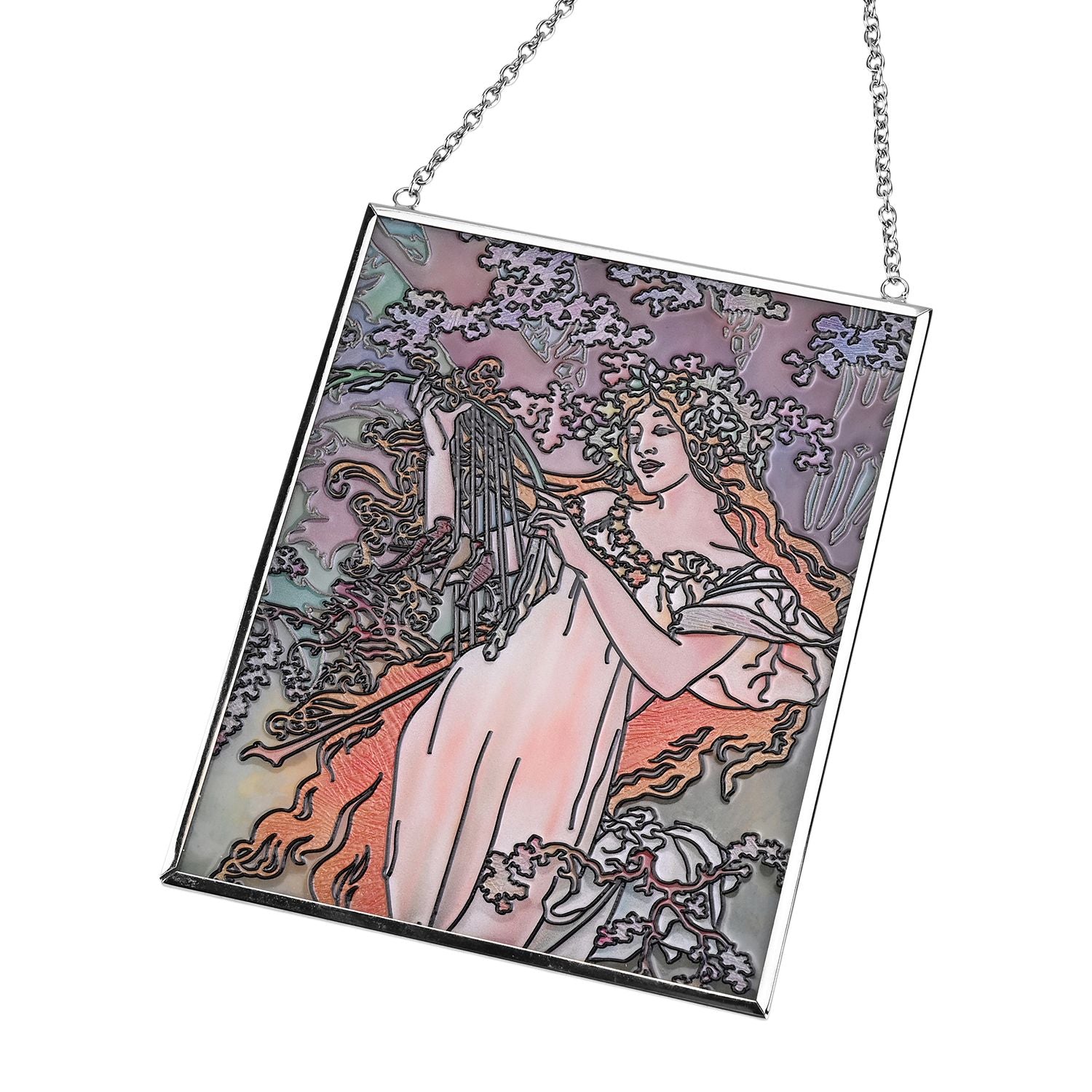 Handbemalter Glas Suncatcaher mit Kette, silberfarbenem Rahmen, Alphonse Mucha Motiv Frühling, 12x15 cm