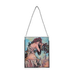 Handbemalter Glas Suncatcher mit Kette, silberfarbenem Rahmen, Alphonse Mucha Motiv Sommer, 12x15 cm