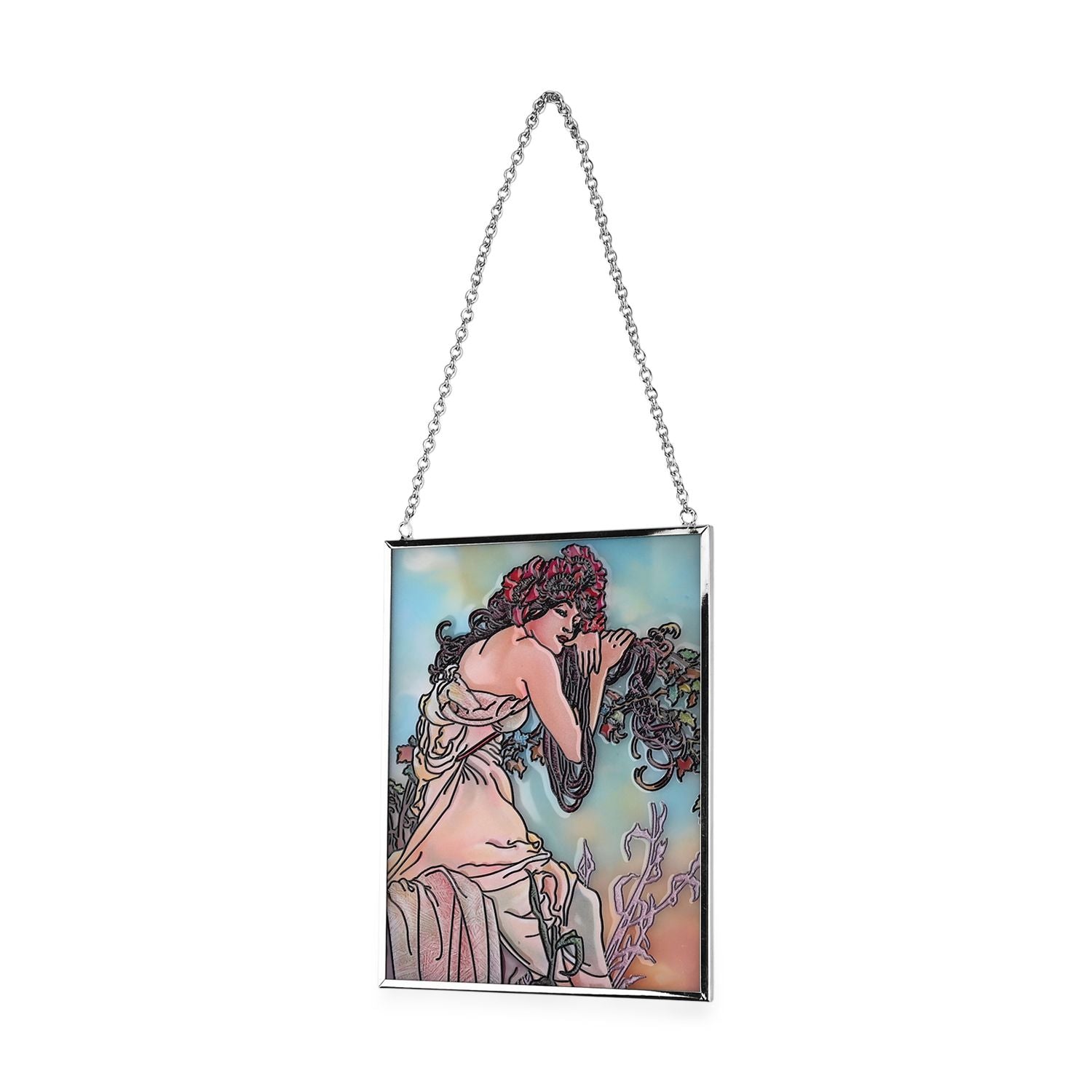 Handbemalter Glas Suncatcher mit Kette, silberfarbenem Rahmen, Alphonse Mucha Motiv Sommer, 12x15 cm