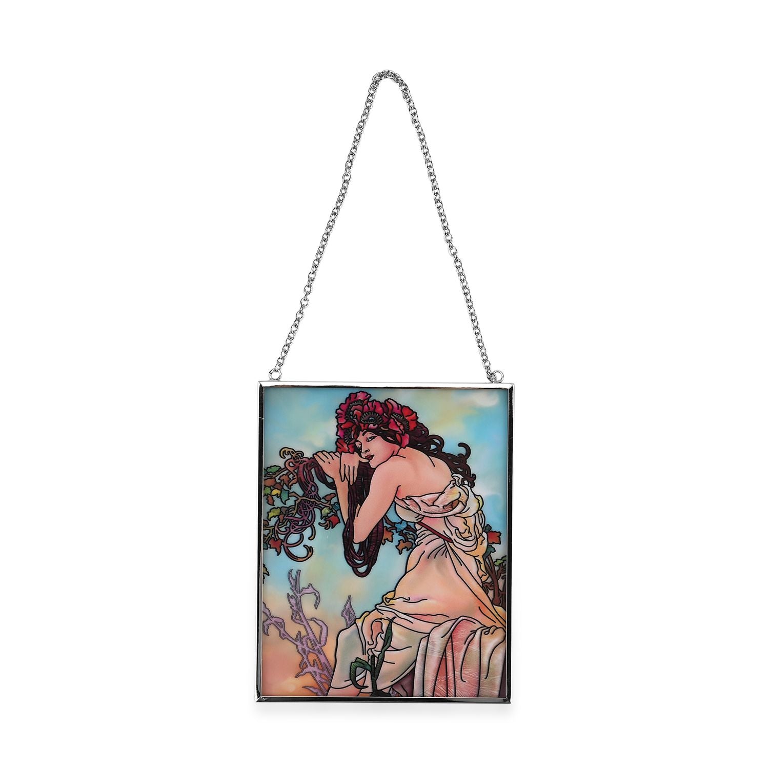 Handbemalter Glas Suncatcher mit Kette, silberfarbenem Rahmen, Alphonse Mucha Motiv Sommer, 12x15 cm
