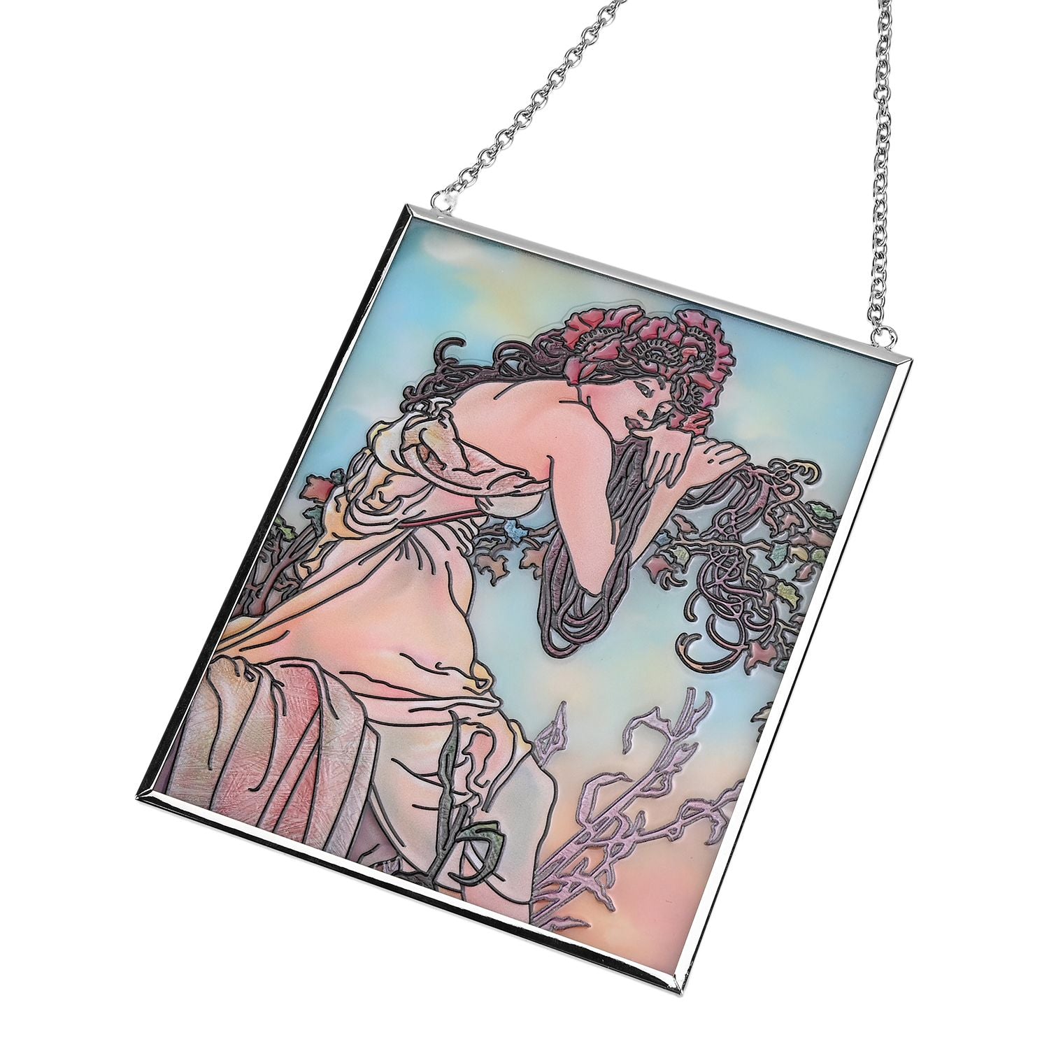 Handbemalter Glas Suncatcher mit Kette, silberfarbenem Rahmen, Alphonse Mucha Motiv Sommer, 12x15 cm