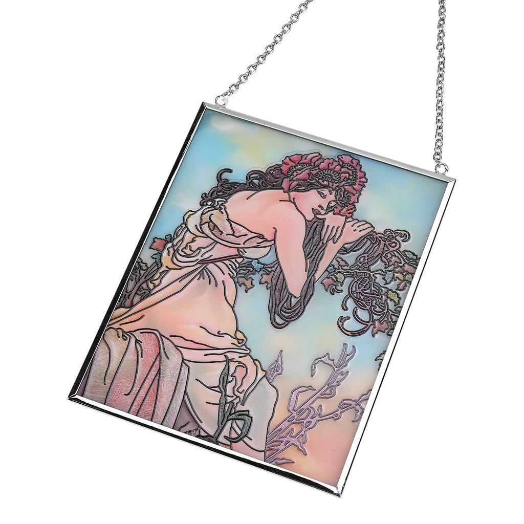 Handbemalter Glas Suncatcher mit Kette, silberfarbenem Rahmen, Alphonse Mucha Motiv Sommer, 12x15 cm