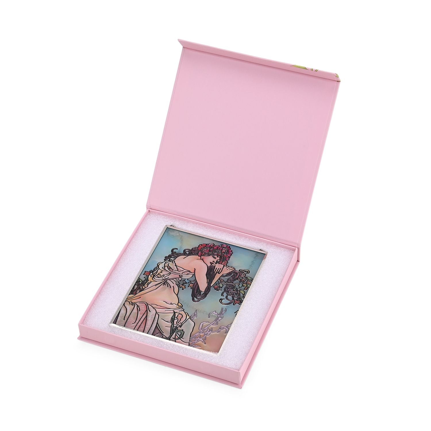 Handbemalter Glas Suncatcher mit Kette, silberfarbenem Rahmen, Alphonse Mucha Motiv Sommer, 12x15 cm