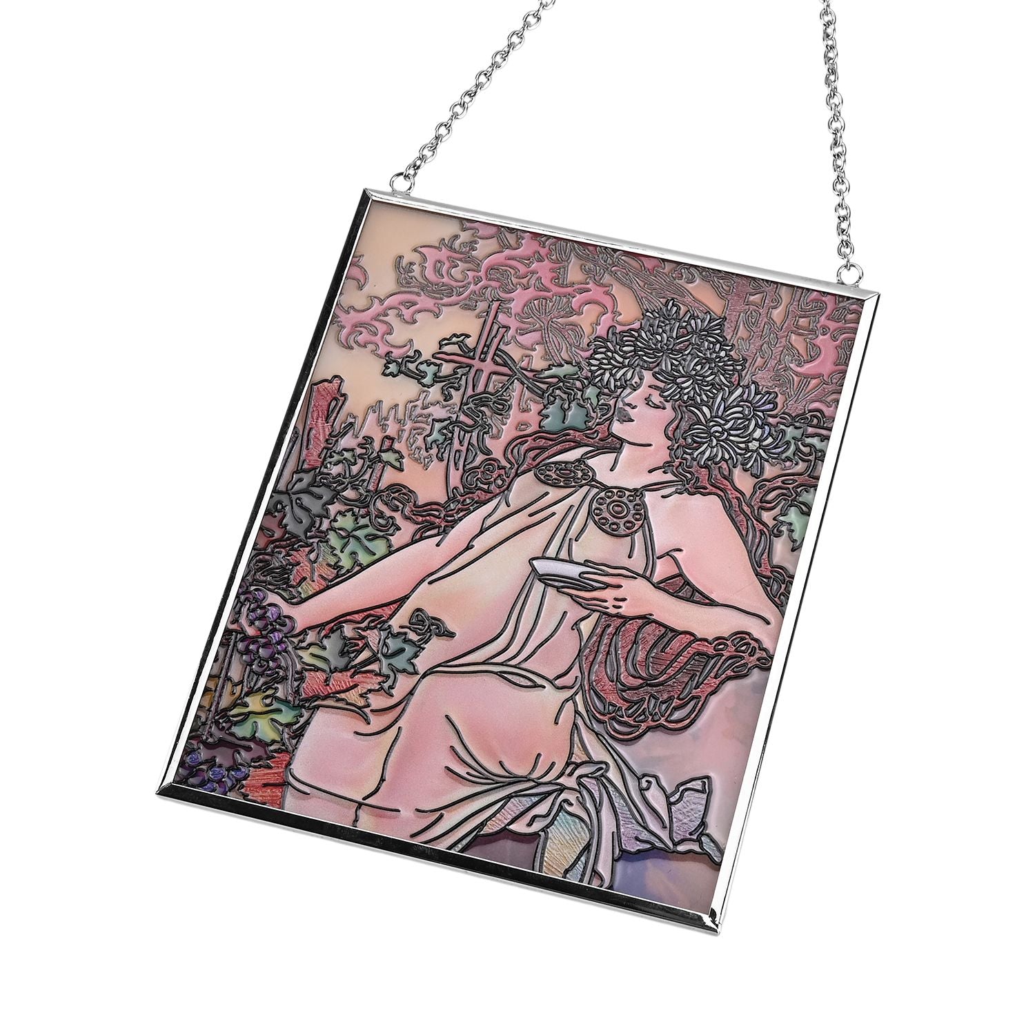 Handbemalter Glas Suncatcher mit Kette, silberfarbenem Rahmen, Alphonse Mucha Motiv Herbst, 12x15 cm