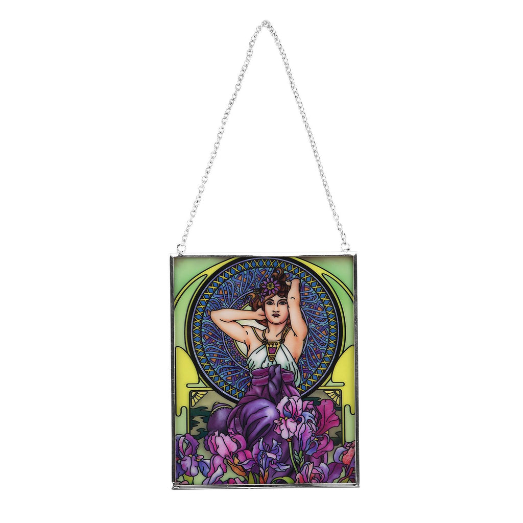 Handbemalter Glas Suncatcher mit Kette, silberfarbenem Rahmen, Alphonse Mucha Motiv Iris, 12x15 cm