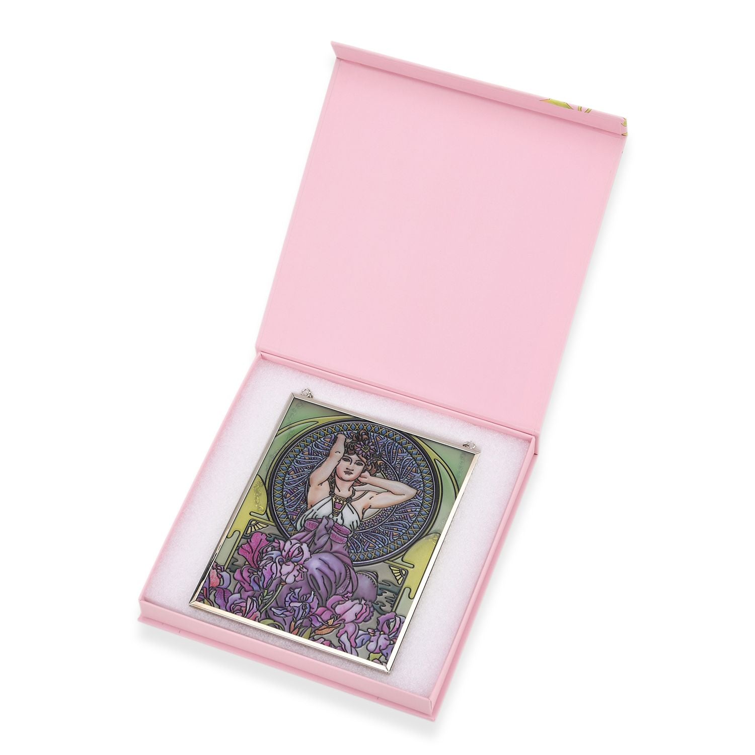 Handbemalter Glas Suncatcher mit Kette, silberfarbenem Rahmen, Alphonse Mucha Motiv Iris, 12x15 cm
