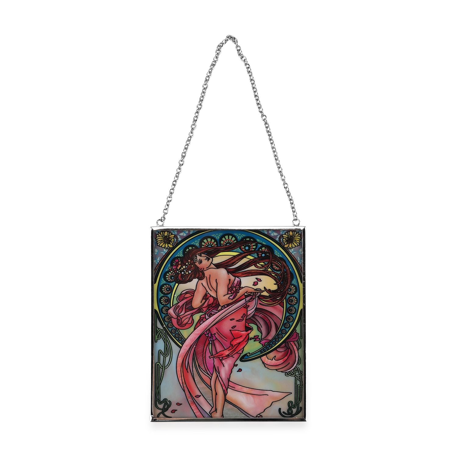 Handbemalter Glas Suncatcher mit Kette, silberfarbenem Rahmen, Alphonse Mucha Motiv Art-Deko, 12x15 cm