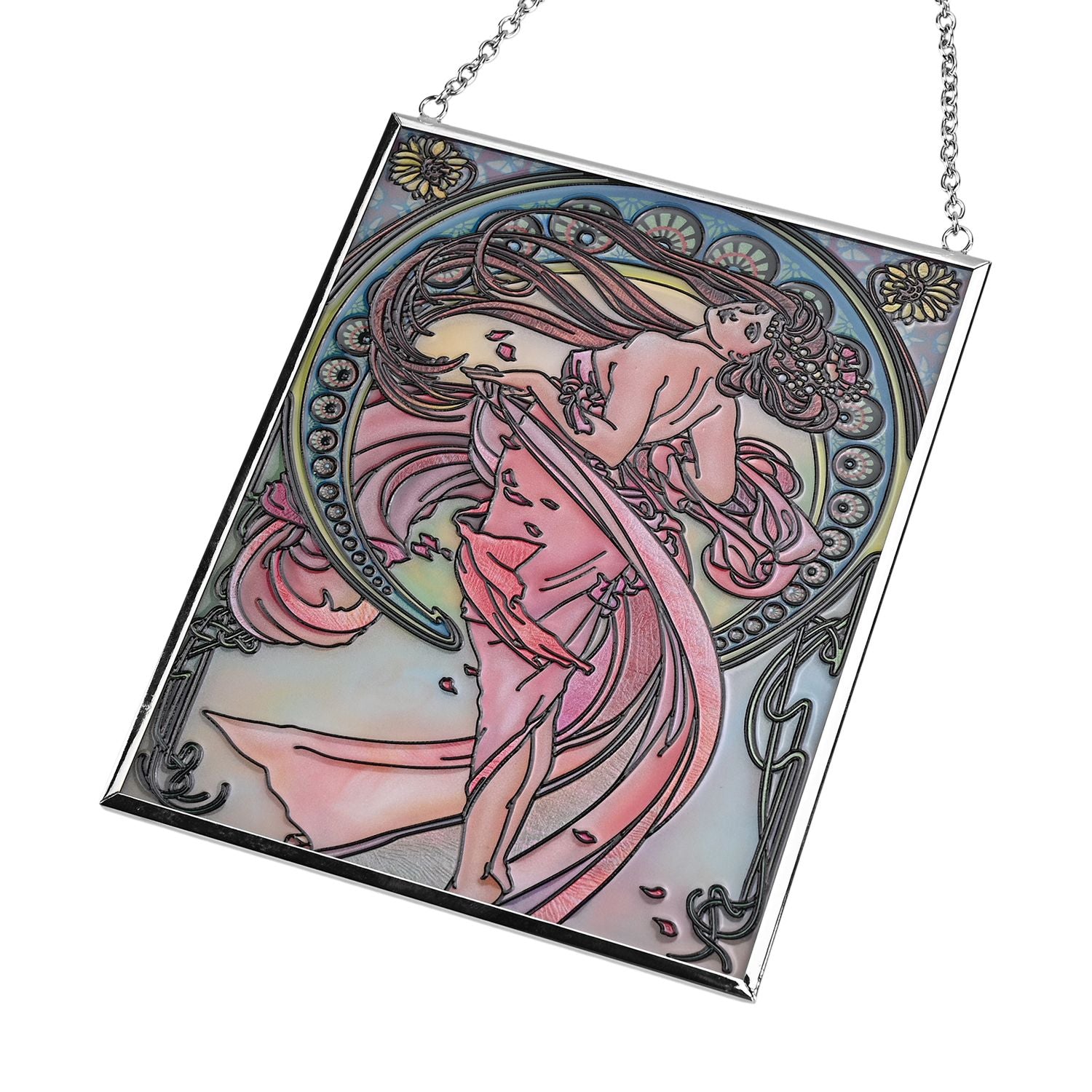 Handbemalter Glas Suncatcher mit Kette, silberfarbenem Rahmen, Alphonse Mucha Motiv Art-Deko, 12x15 cm