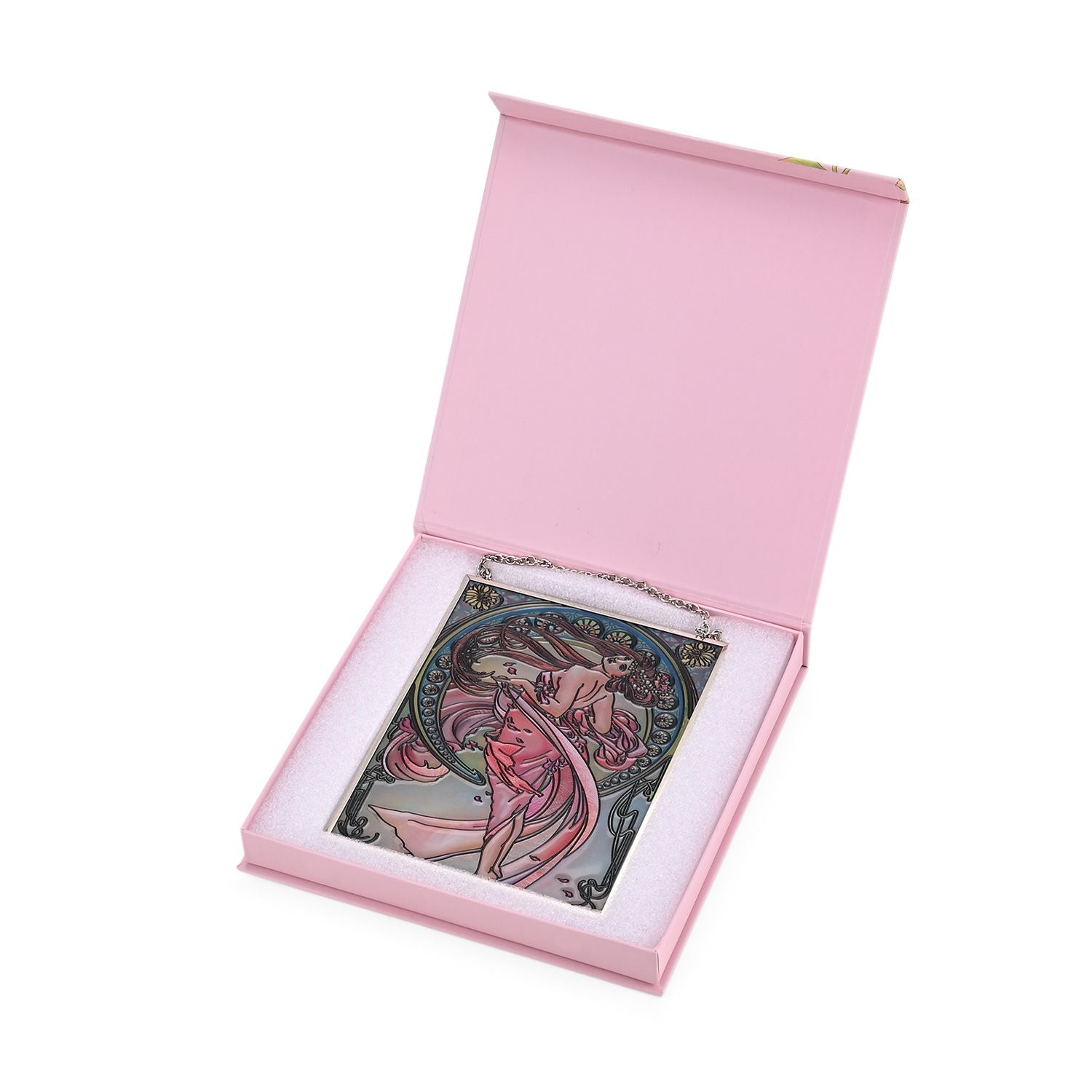 Handbemalter Glas Suncatcher mit Kette, silberfarbenem Rahmen, Alphonse Mucha Motiv Art-Deko, 12x15 cm