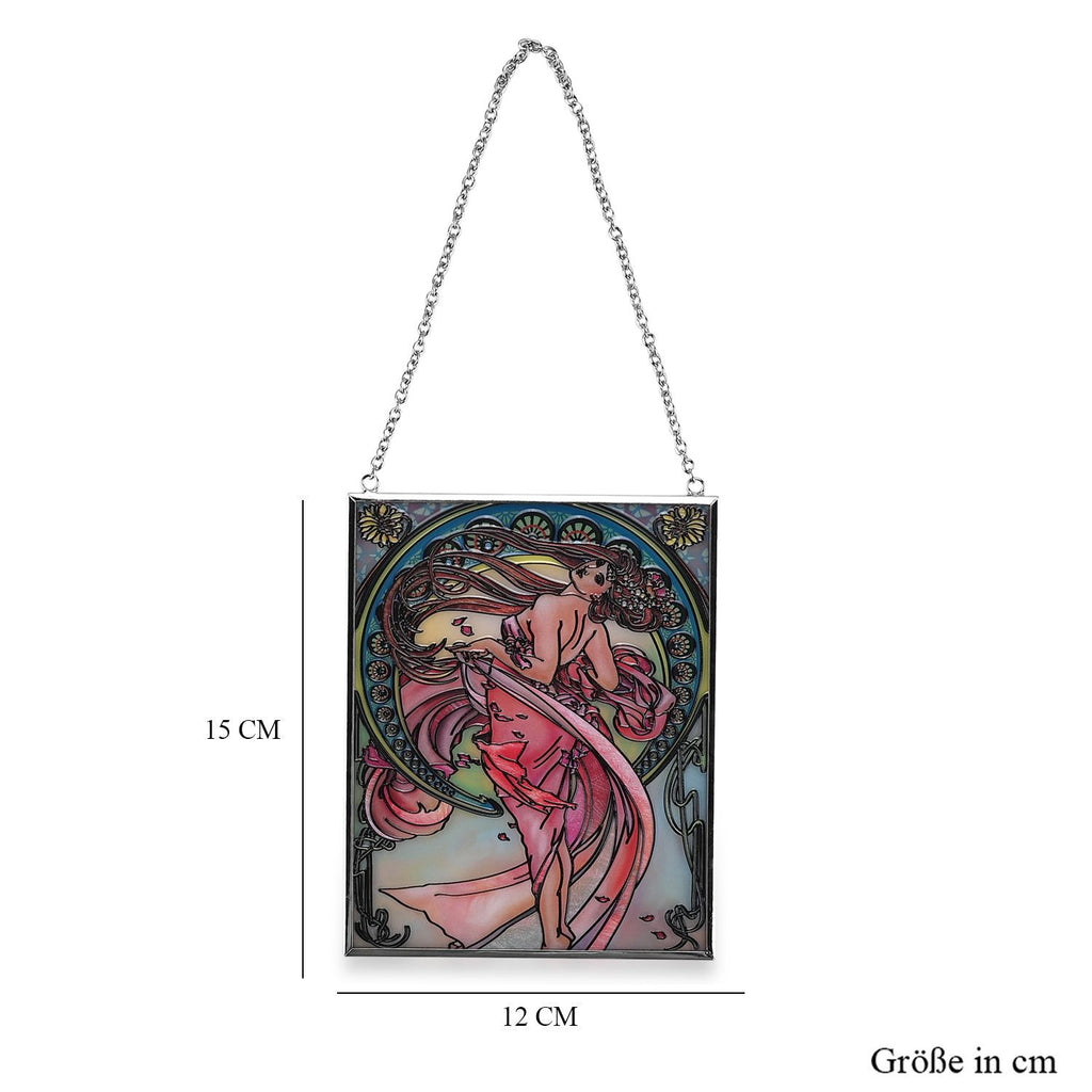 Handbemalter Glas Suncatcher mit Kette, silberfarbenem Rahmen, Alphonse Mucha Motiv Art-Deko, 12x15 cm