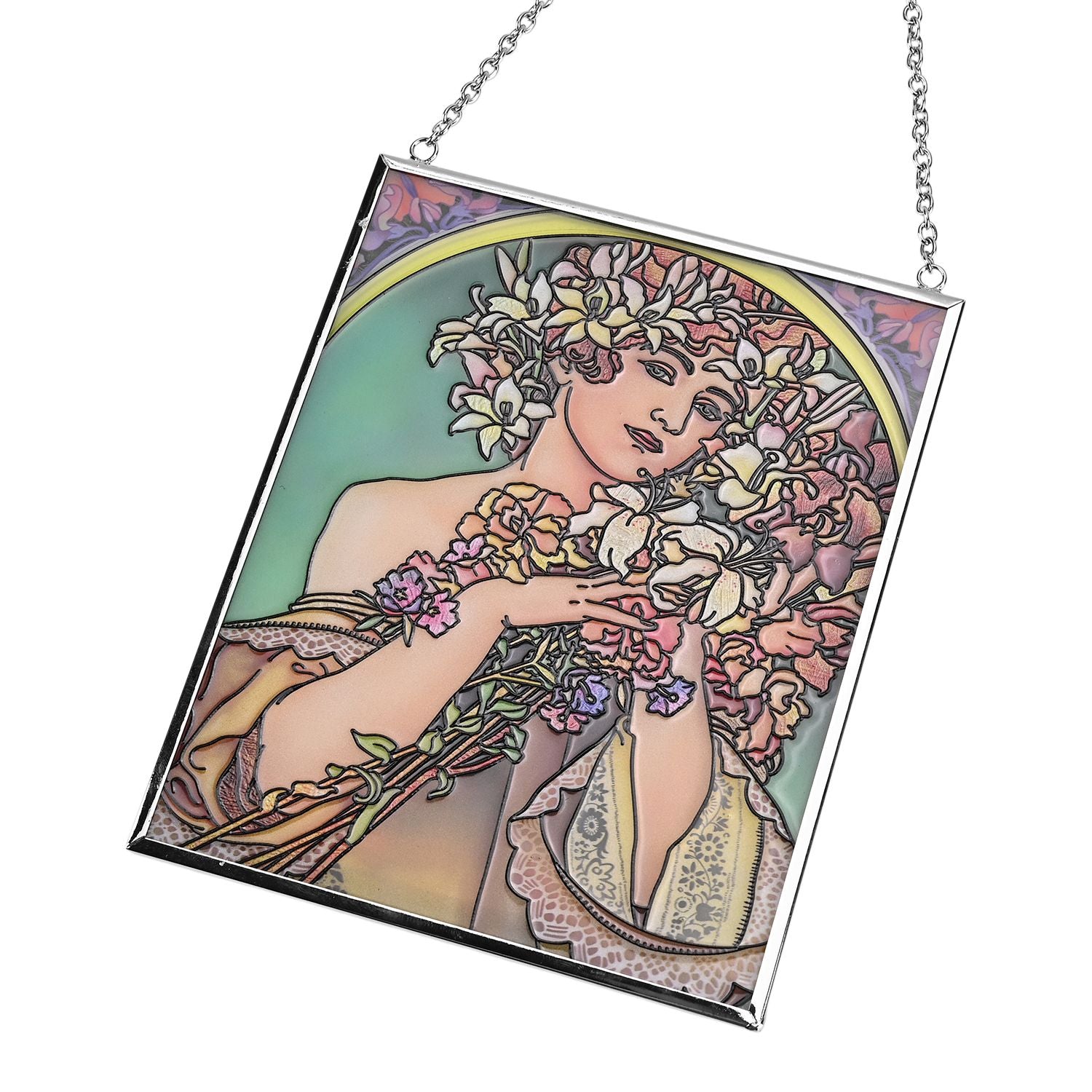 Handbemalter Glas Suncatcher mit Kette, silberfarbenem Rahmen, Alphonse Mucha Motiv Fleur, 12x15 cm