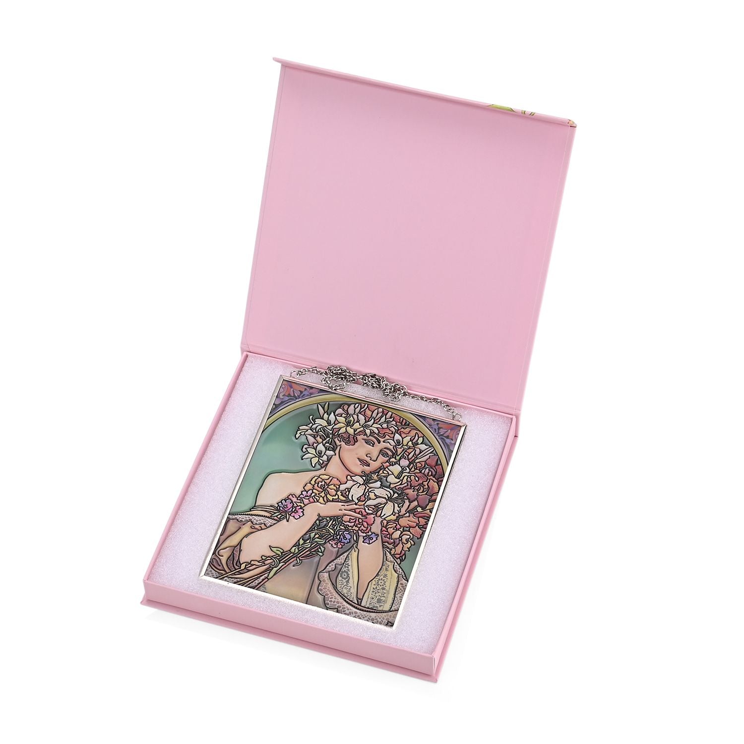 Handbemalter Glas Suncatcher mit Kette, silberfarbenem Rahmen, Alphonse Mucha Motiv Fleur, 12x15 cm
