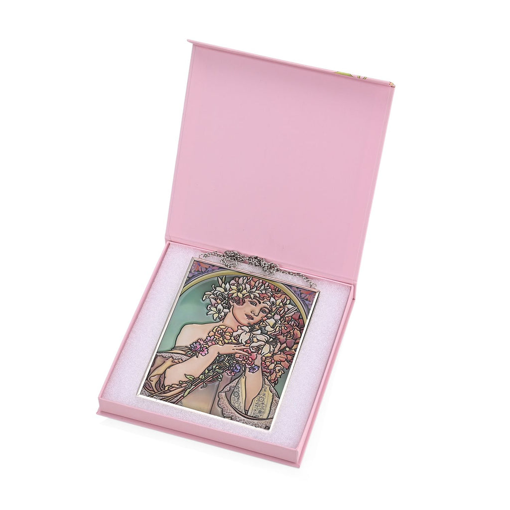 Handbemalter Glas Suncatcher mit Kette, silberfarbenem Rahmen, Alphonse Mucha Motiv Fleur, 12x15 cm