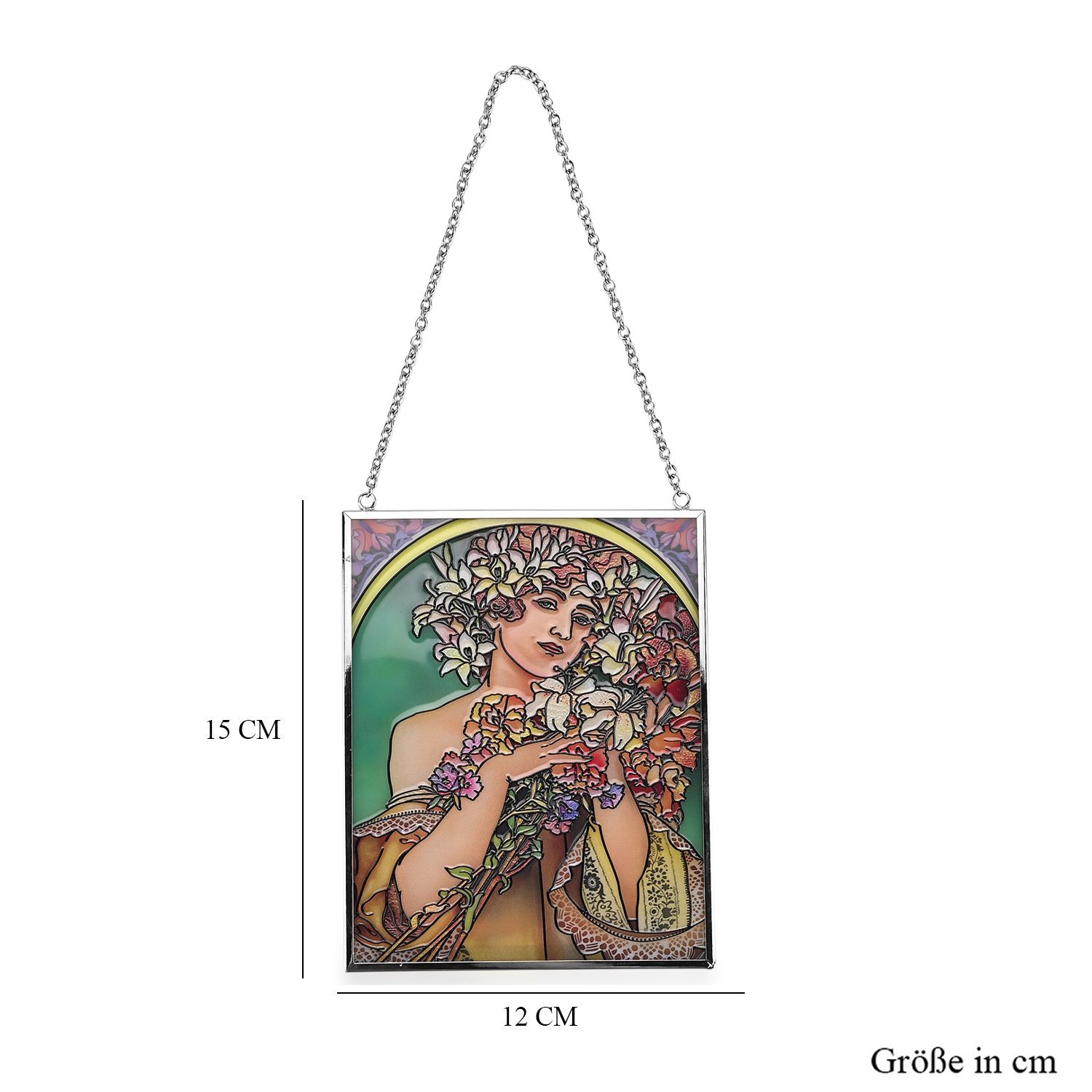 Handbemalter Glas Suncatcher mit Kette, silberfarbenem Rahmen, Alphonse Mucha Motiv Fleur, 12x15 cm