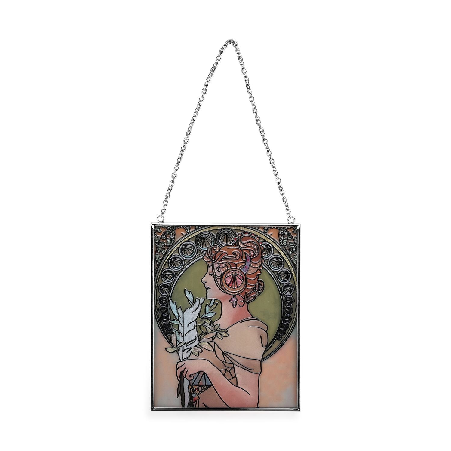 Handbemalter Sonnenfänger aus Glas mit Kette und silberfarbenem Rahmen, Mucha-Motiv, 12x15 cm Frau mit Feder