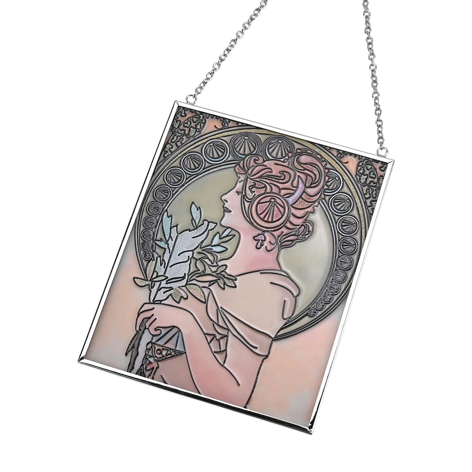 Handbemalter Sonnenfänger aus Glas mit Kette und silberfarbenem Rahmen, Mucha-Motiv, 12x15 cm Frau mit Feder