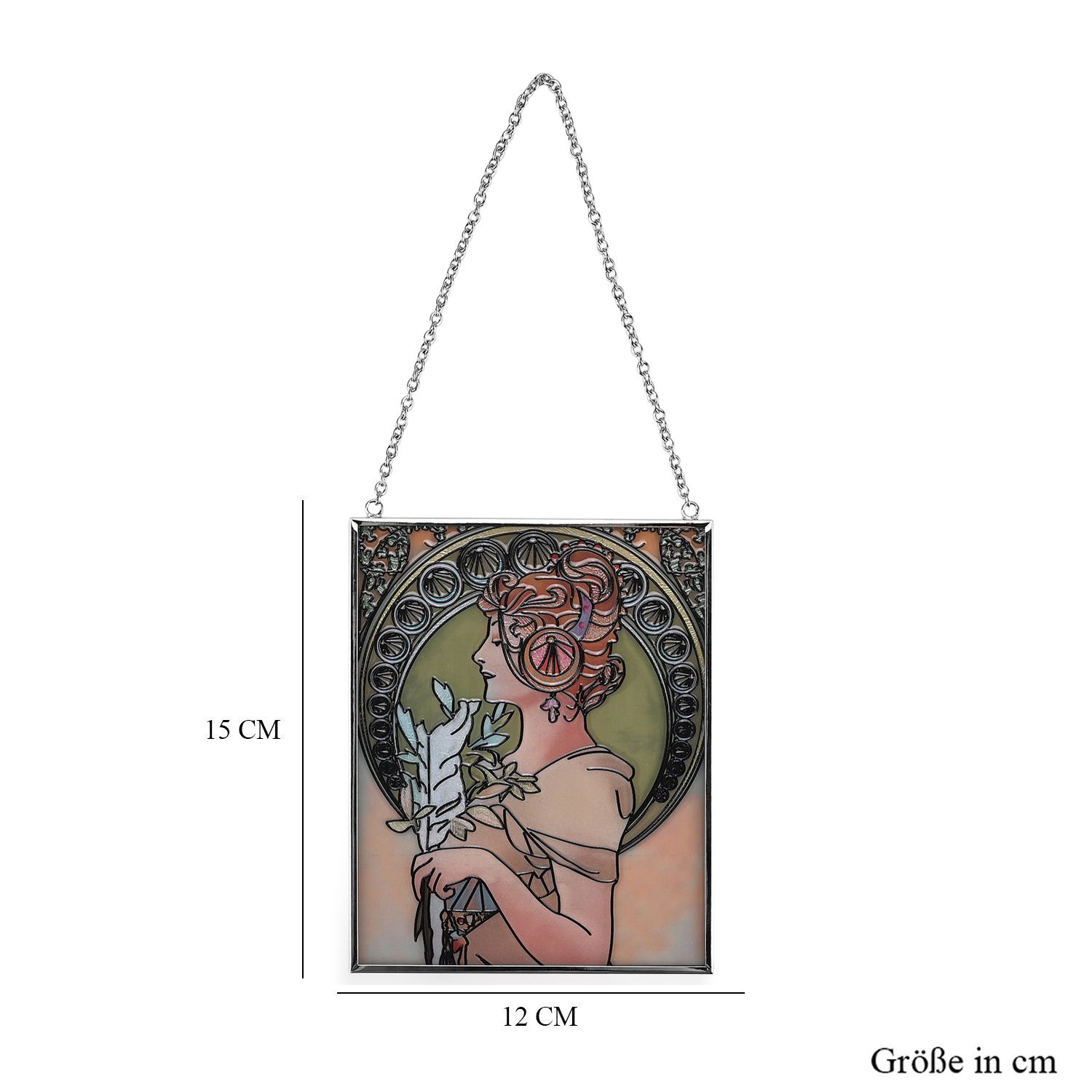 Handbemalter Sonnenfänger aus Glas mit Kette und silberfarbenem Rahmen, Mucha-Motiv, 12x15 cm Frau mit Feder