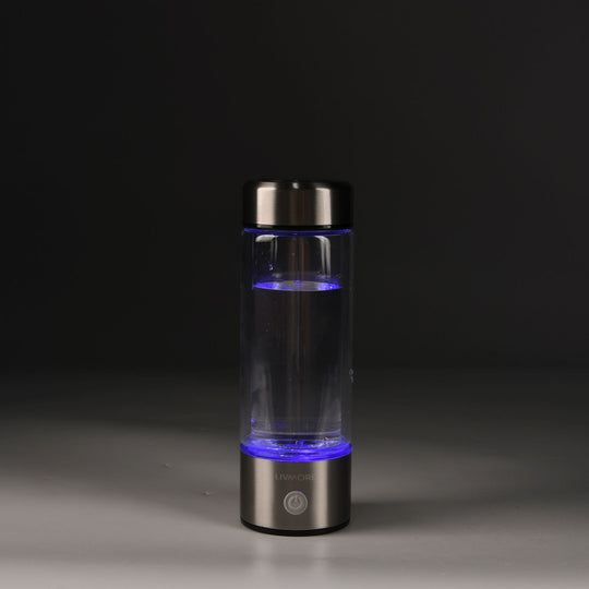 LIVMORE - doppelwandige Wasserstoff Wasserflasche 300 ml, SPE PEM, Borosilikatglas, USB Akku, Schwarz