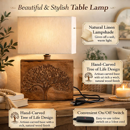 "Nakkashi wooden hand carved Tree of life table lamp with shade Dimension: Base- L- 28 x W- 10 x H- 29 cms. Shade- L- 30 x W- 20 x H-  20 cms. Colour - Antique white"