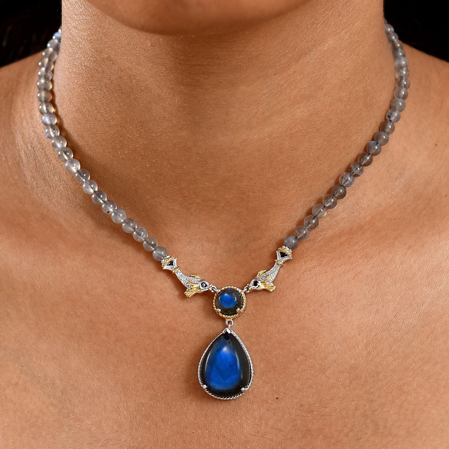 D'Joy AAA Labradorit Halskette ca. 45 cm 925 Silber Rhodiniert und 750 Gelbgold Vermeil ca. 65.52 ct