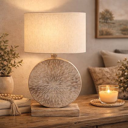 "Nakkshi wooden hand carved round table lamp with shade Dimension-Wooden base25 (L) x10 (W) x38 (H) cm,  Shade 30 (L) x20 (W) x20 (H)cm Colour - burn finish"