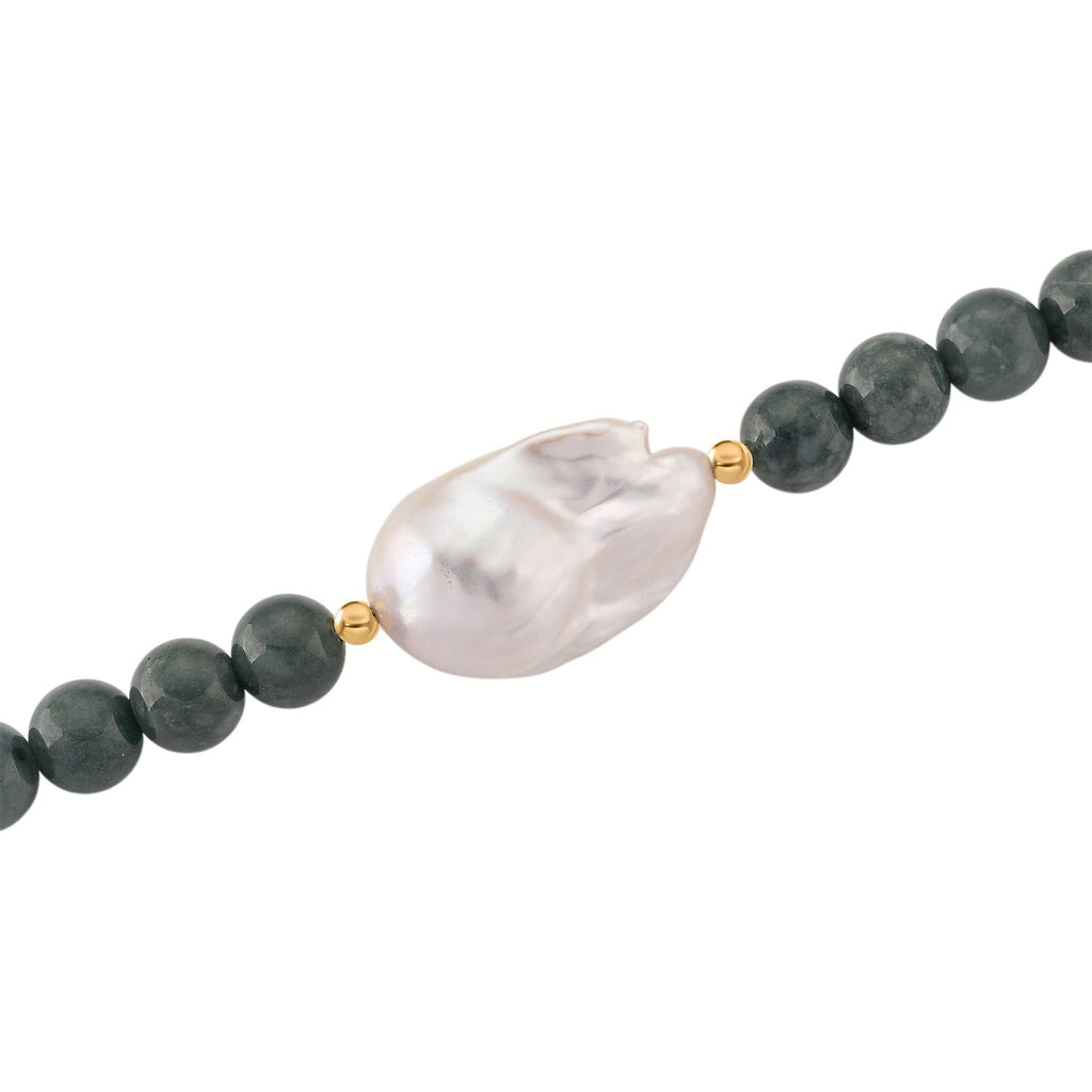 EXTREM SELTEN - Natürlicher Olmek Jadeit, Süßwasser Barockperle, Halskette ca. 50 cm, Flexibles 925 Silber vergoldet